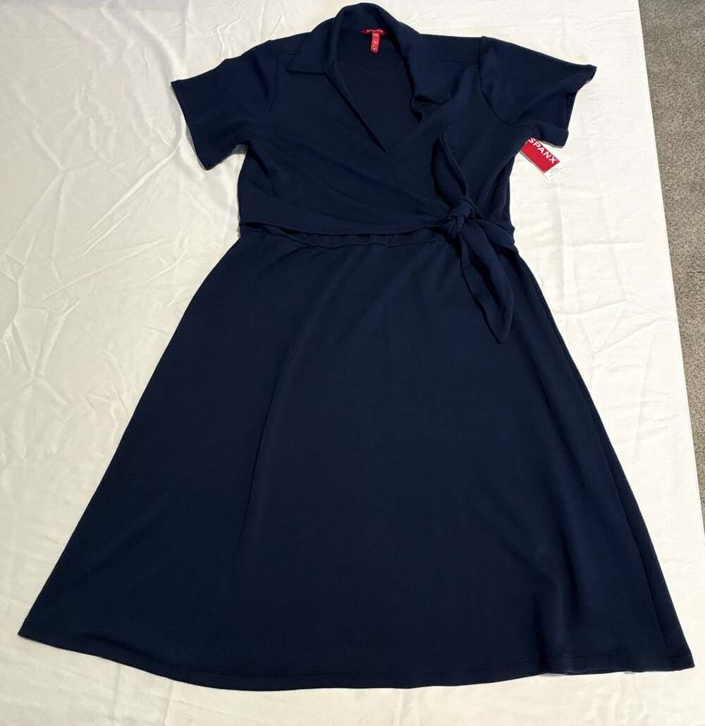 SPANX AirEssentials Collared Tie-Waist Midi Dress Size 2X Navy Blue